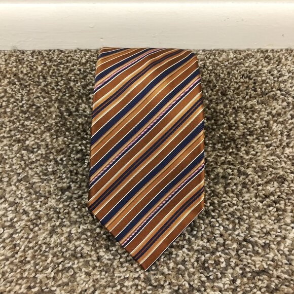 Brioni Neck Tie Silk Blend Brown Blue Striped 58.5L 3.75W - Picture 1 of 4